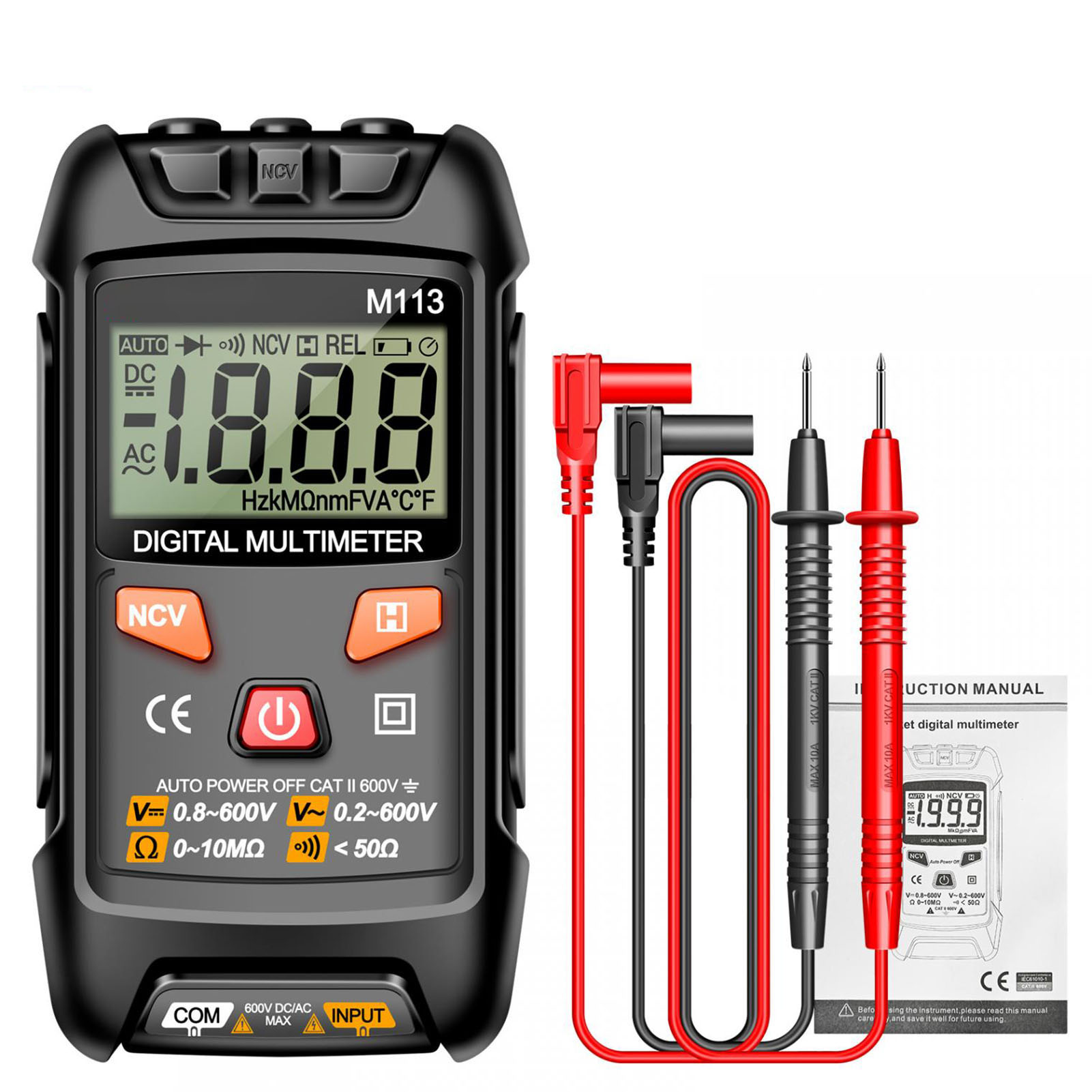 M113 Digitales Multimeter Mit Automatischer Erkennung, Ac/dc-spannungs-, Strom- Und Widerstandsmesser, Frequenzmesser, Schwarz