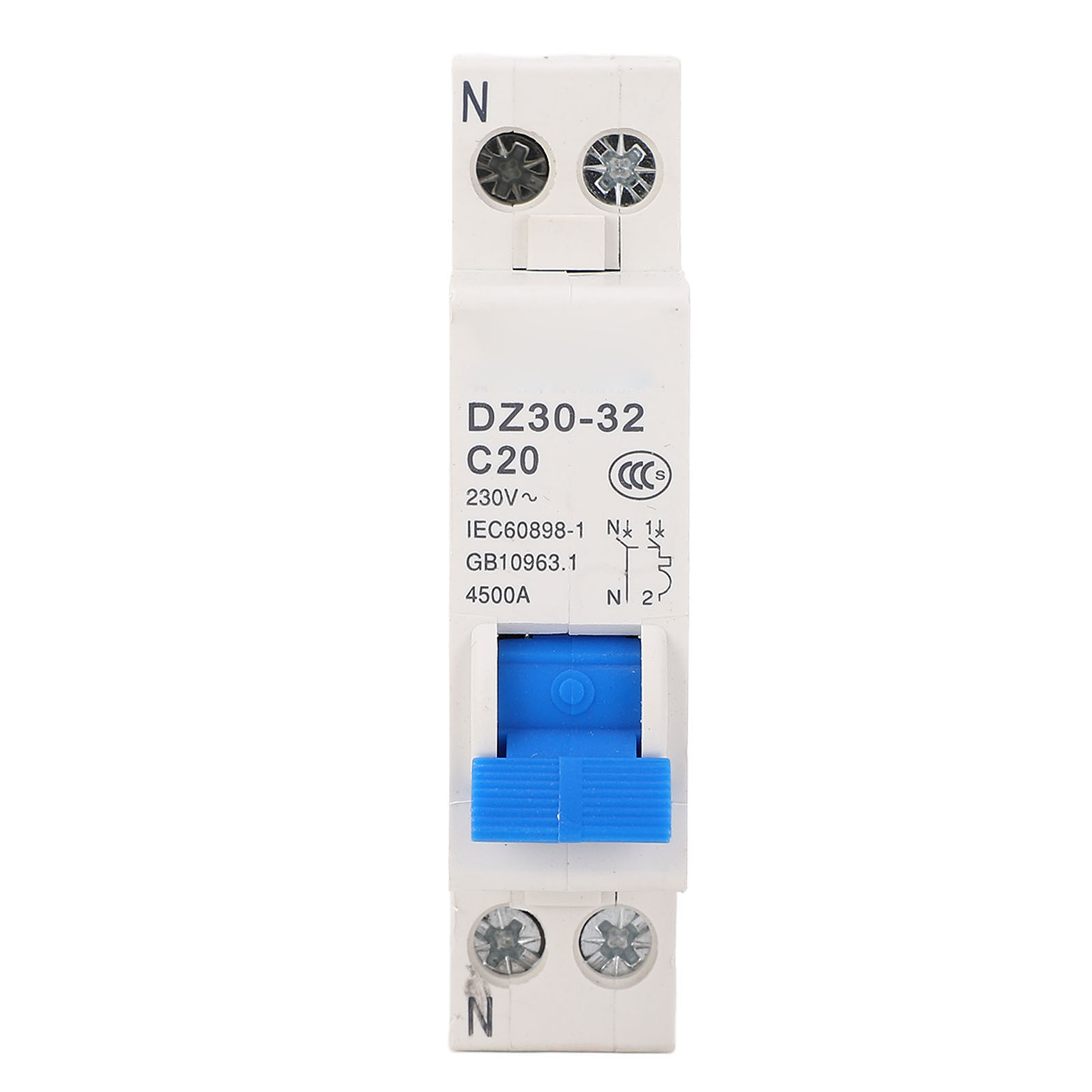 Luftgefüllter Leitungsschutzschalter, 1p+n, Doppelter Eingang, Doppelter Ausgang, Thermomagnetischer Auslöser, Din-schienenmontage, Miniatur-leitungsschutzschalter 20 A 230 V