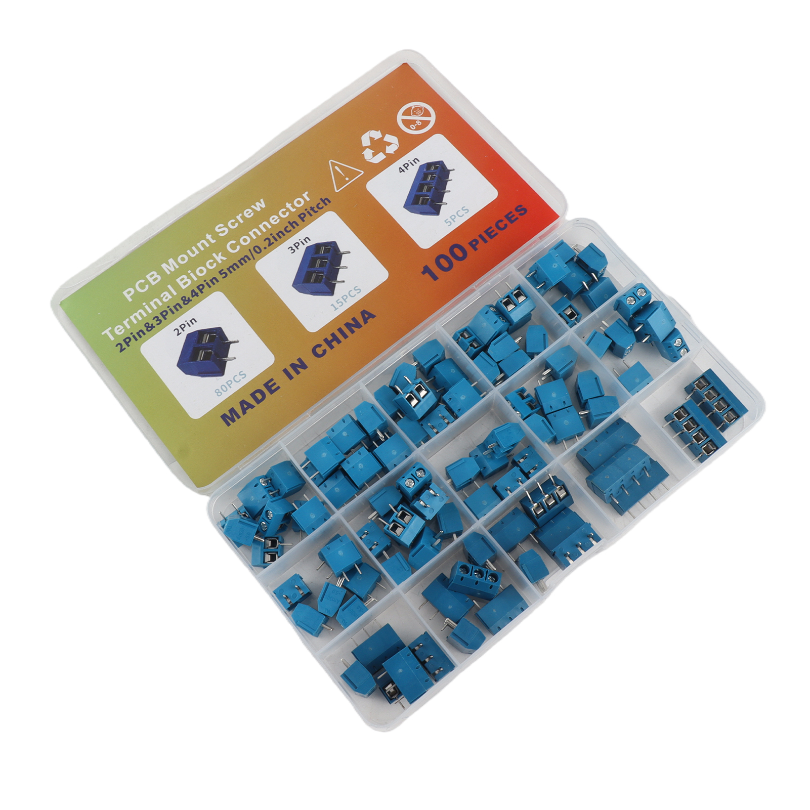 Packung Mit 100 Schraubklemmen Für Die Leiterplattenmontage, 5,08 Mm Rastermaß, 2-, 3- Und 4-polig, Für 14-zoll-leiterplatten. – Kabel: 22 Awg, 300 V, 16 A