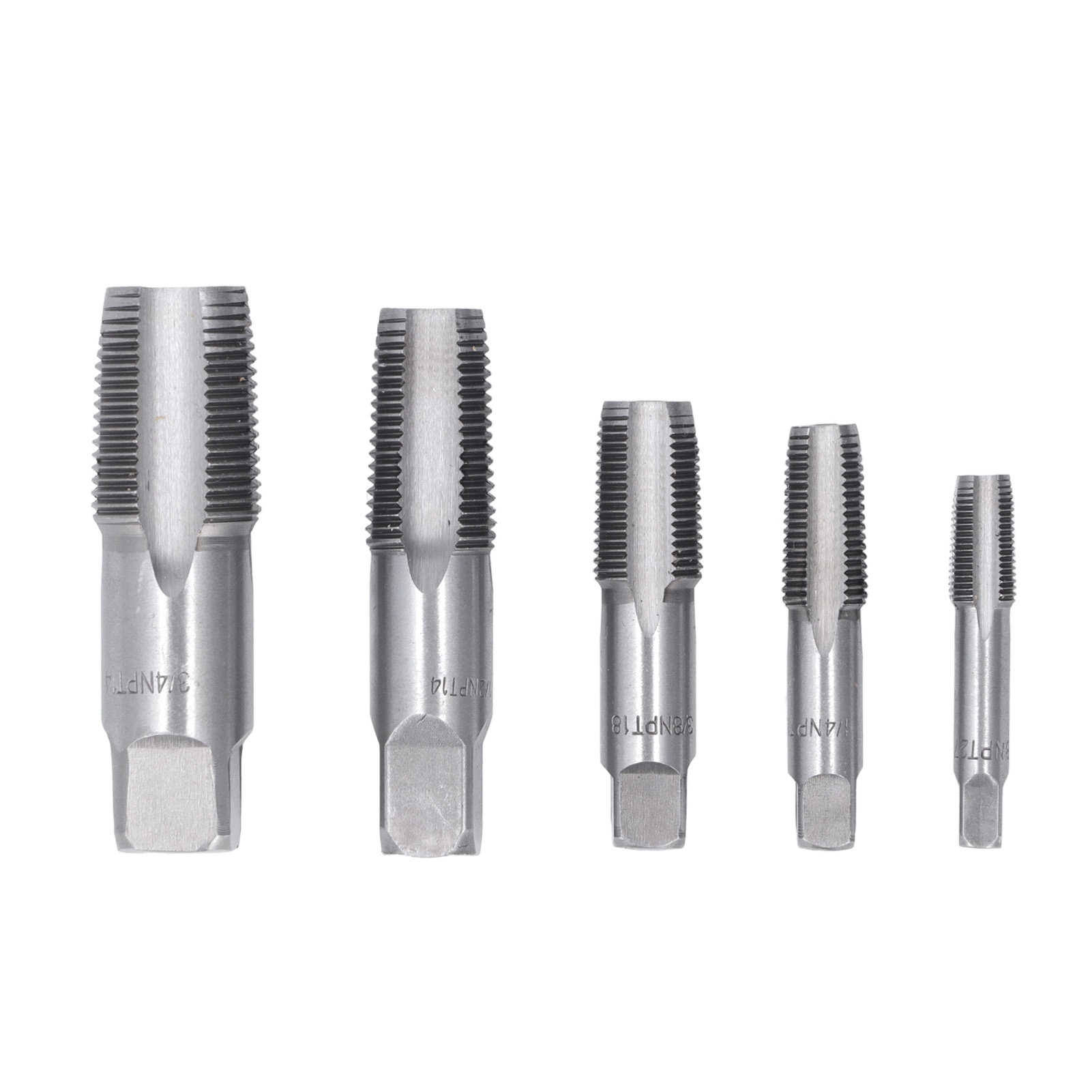 Satz Mit 5 Npt-gewindebohrern (kohlenstoffstahlgewinde) Inklusive Aufbewahrungskoffer. Enthaltene Größen: 3/4, 1/2, 3/8, 1/4 Und 1/8 Zoll.