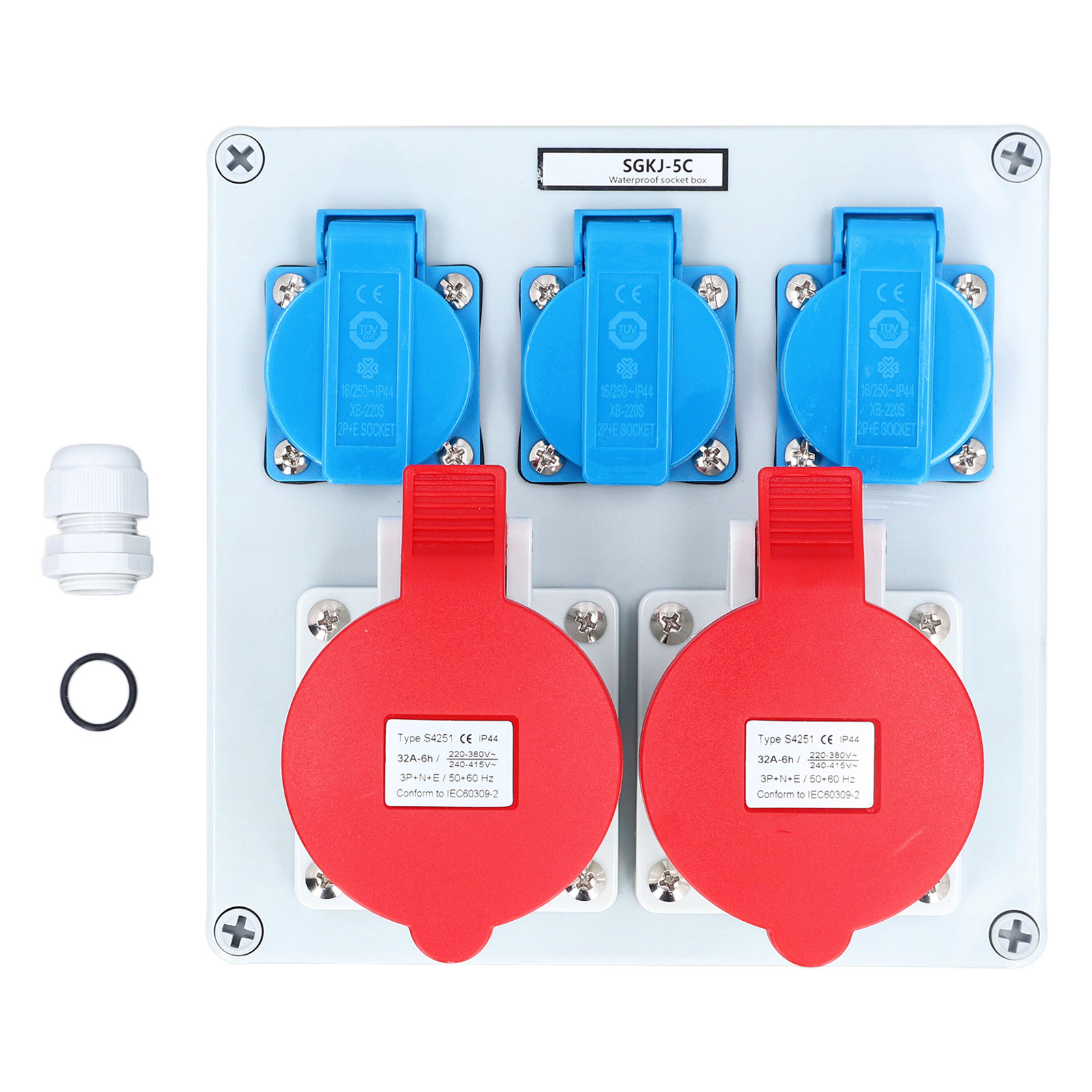 Steckdosenkasten Mit 3 Eu-steckdosen (16 A, 250 V), 2 Cee-5-poligen Steckdosen (32 A), Schutzart Ip44, Wasserdicht