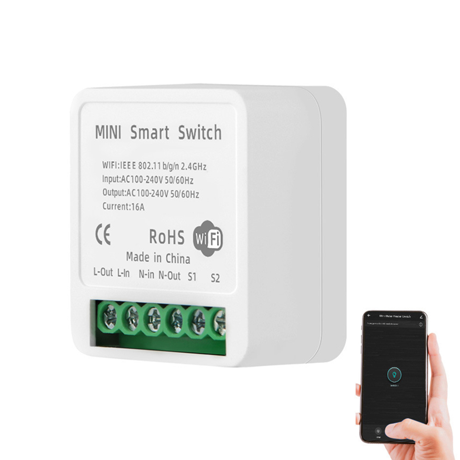 Mini-wlan-schaltmodul 16a, Intelligentes Wlan-relais, Lichtschalter, Fernsteuerung Per App, Sprachsteuerung, Diy-leistungsschaltermodul, Hausgeräteautomatisierung (ac 100-240v)