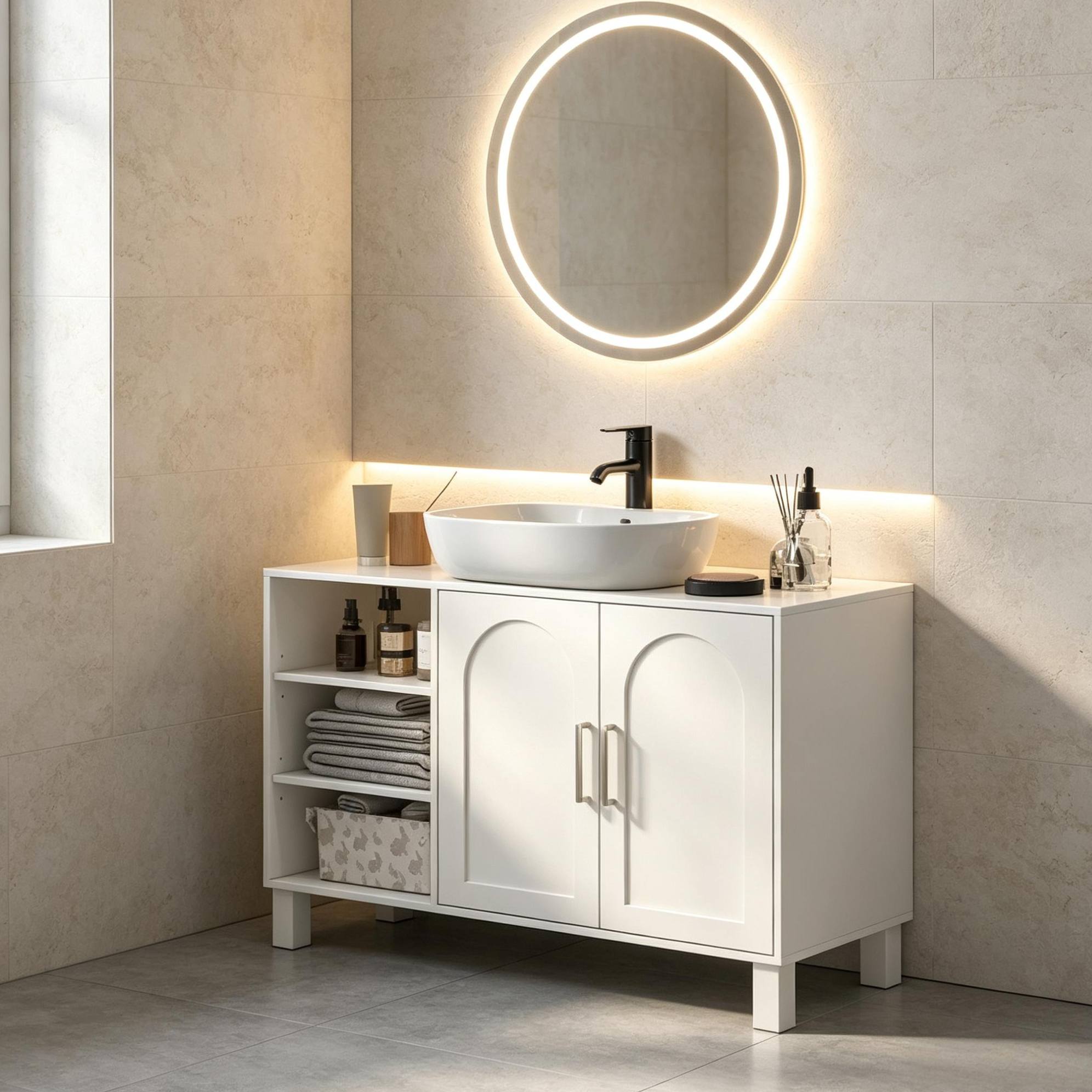 Badezimmer-waschtischunterschrank 90x30x63 Cm Mit Offenen Fächern Und Doppeltüren, Creme Okmyhome
