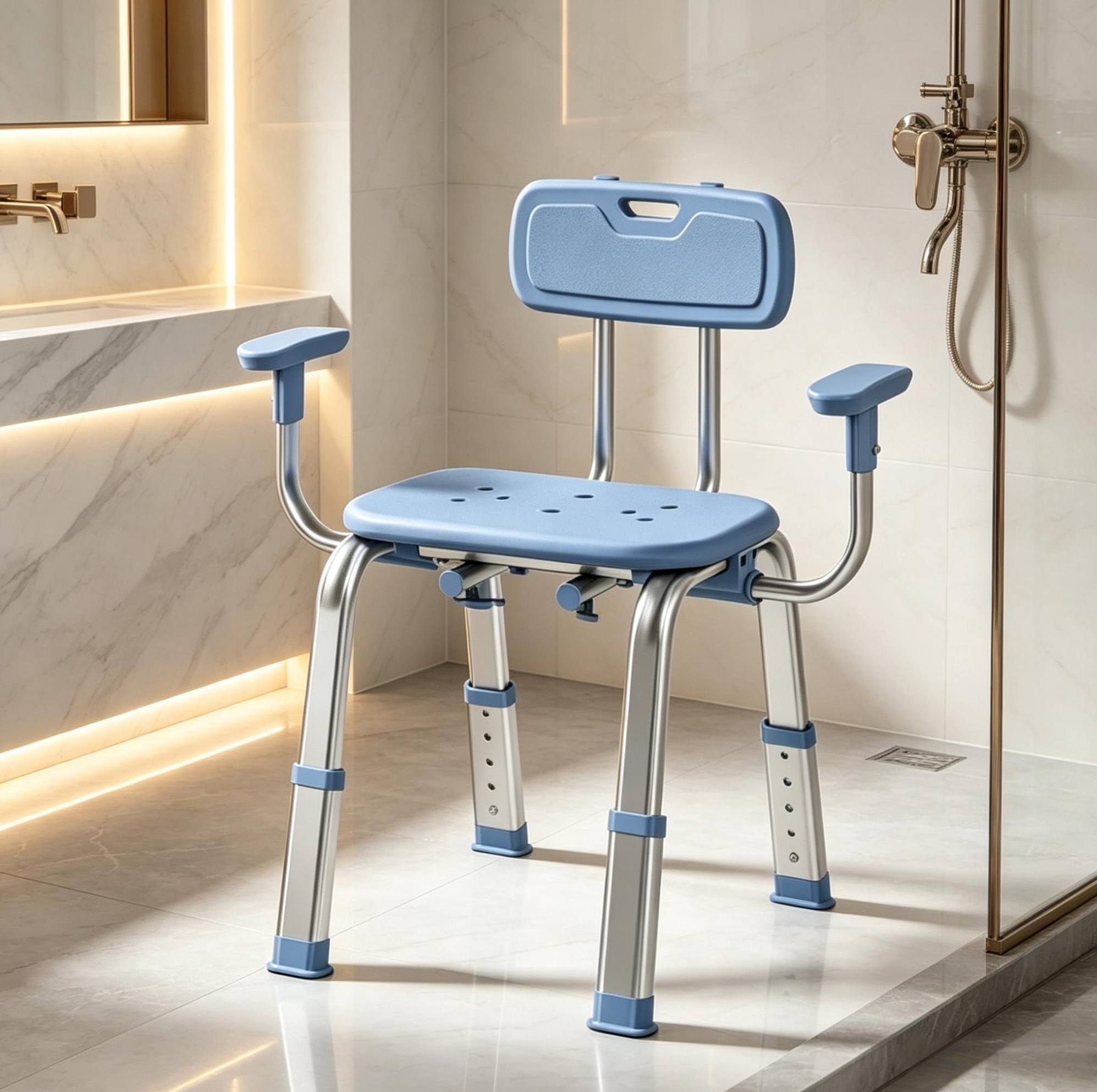 Ergonomischer, Höhenverstellbarer Duschstuhl Mit Armlehnen Und Rückenlehne, Blau Und Silber Okmyhome