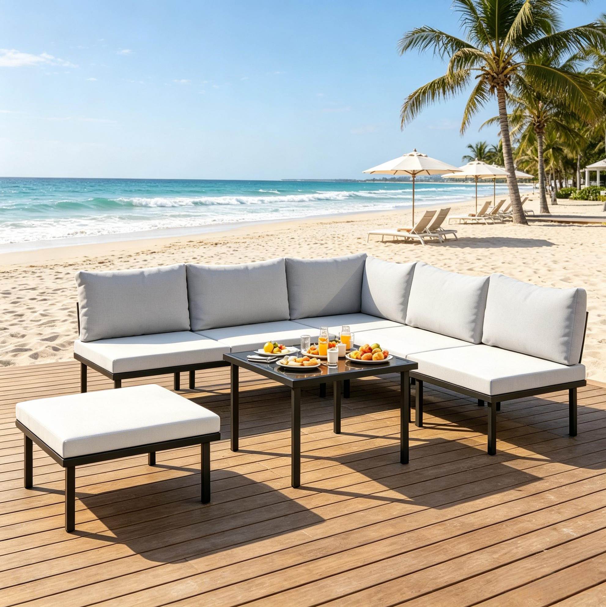 Modulares Garten-lounge-set 6-teilig Mit Couchtisch Aus Gehärtetem Glas, Schwarz/grau Okmyhome