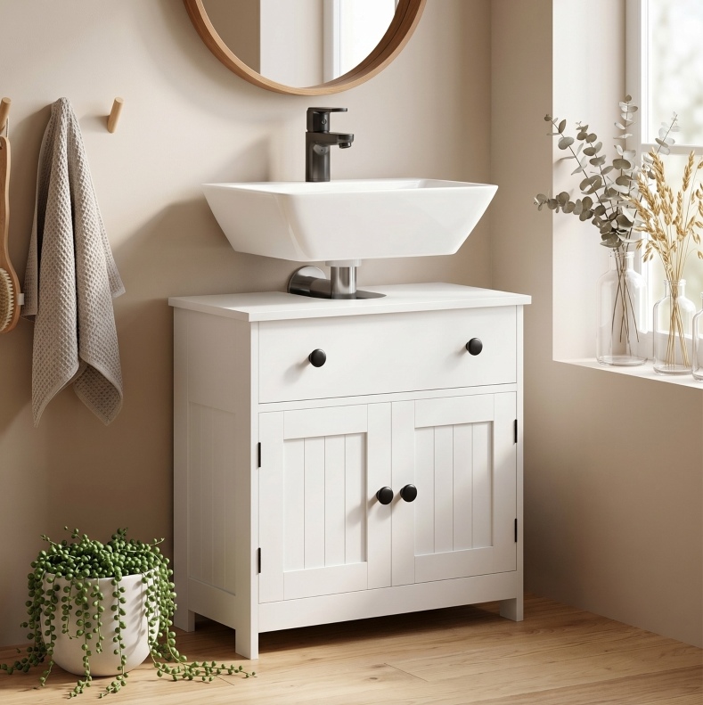 Waschbeckenunterschrank Freistehend Mit Soft-close, Schublade Und 2 Türen, Weiß Okmyhome