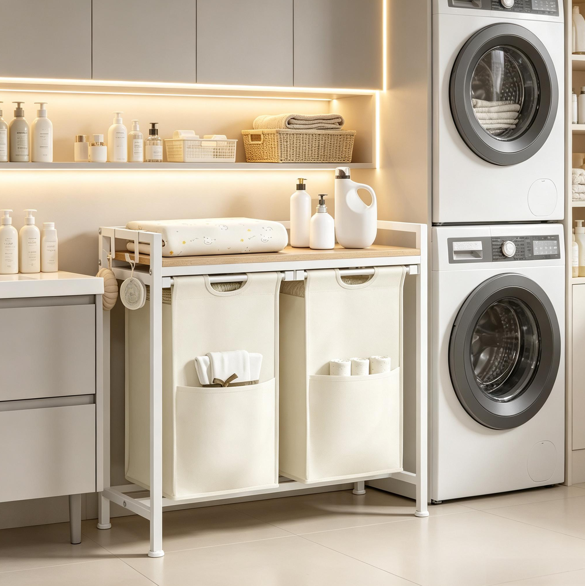 Multifunktionaler Wäschesammler Mit 2 Herausnehmbaren Körben, Holz Und Metall, Weiß Okmyhome