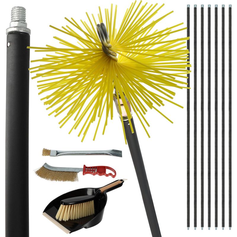 Kit Ramonage Cheminée - 12 Pièces - Hérisson Pvc - 7 Cannes Souples 1m40 - 2 Brosses - Pelle - Conduit Inox Souple Ou Rigide - 25 Cm
