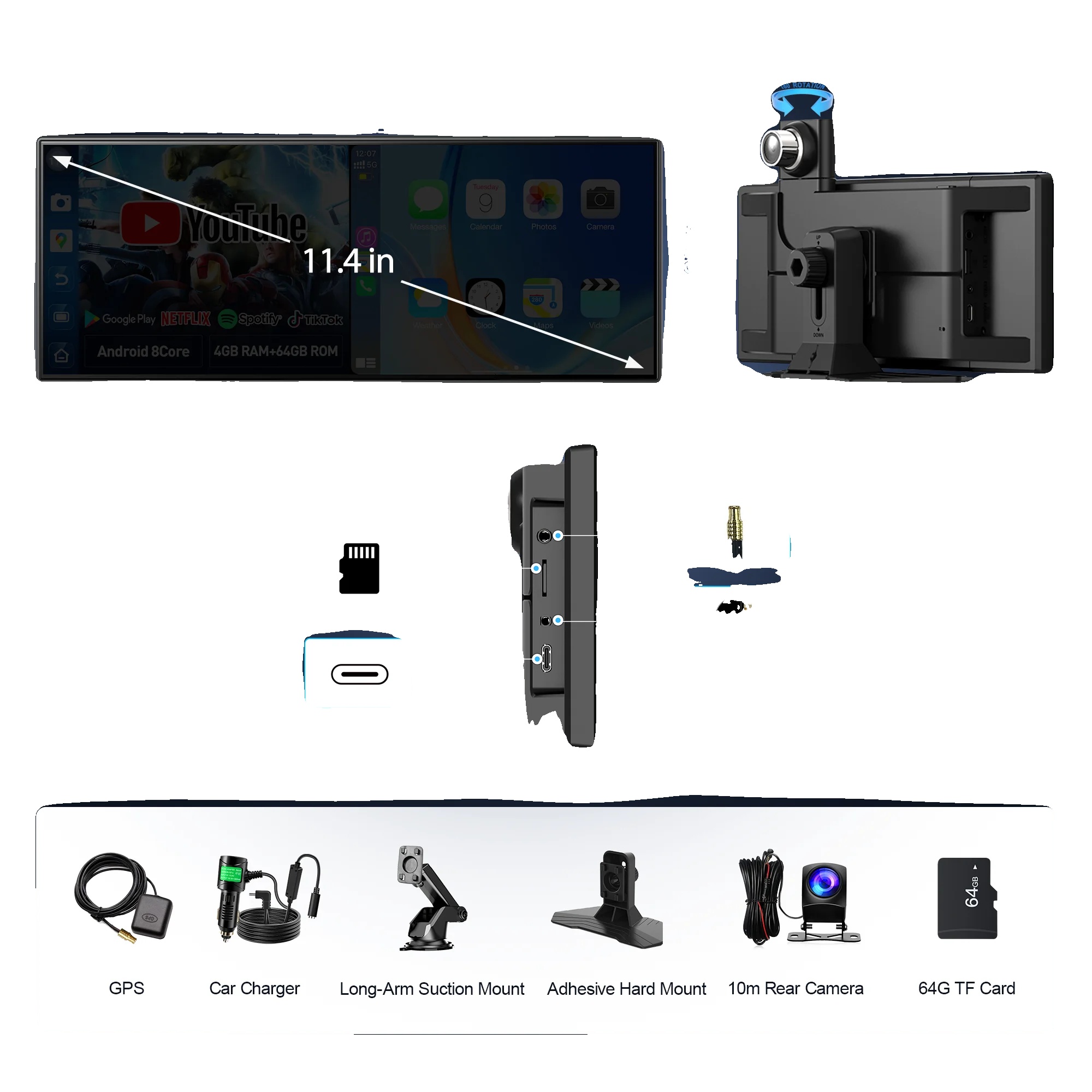 Auto Dvr, 11,4 Zoll Display, 1080p Triple-kamera-aufnahme, 6g 10m Rückkamera