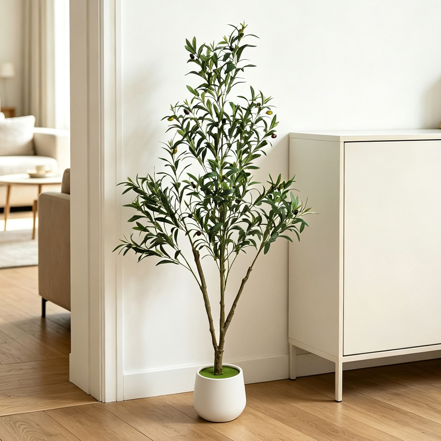 Tolletour Künstlicher Olivenbaum 150 Cm Im Topf, Kunstpflanze Mit 3 Zweigen Und 550 Blättern, Dekorativer Kunstbaum Für Wohnzimmer, Büro Und Eingang