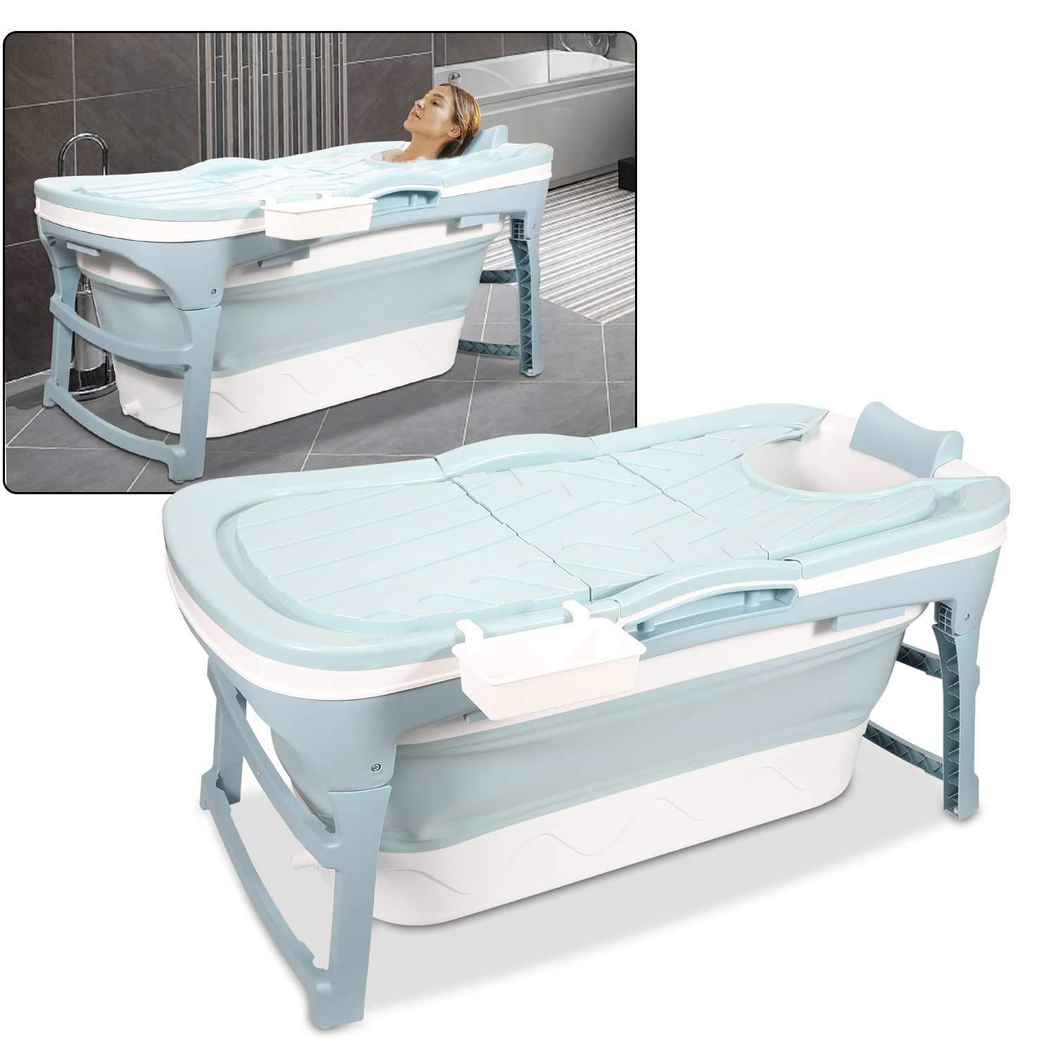 Tolletour Badewanne Erwachsene Faltbar 118 Cm L, Faltbadewanne Mit Abdeckung Und Ablaufrohr Fürs Badezimmer
