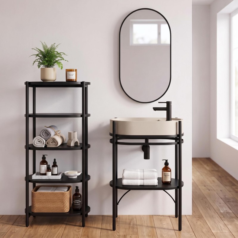 Meuble Simple Vasque Sur Pieds 55cm En Métal Noir Et Vasque Béton Et Robinet Noir, Miroir Et Colonne