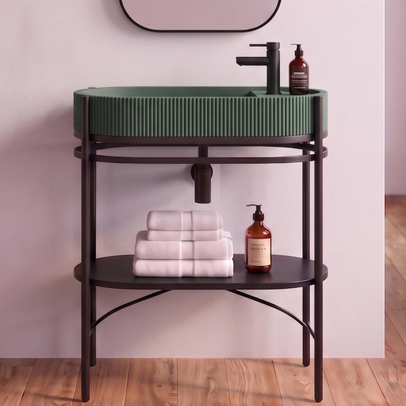 Meuble Simple Vasque Sur Pieds Lucia 80cm En Métal Noir Et Vasque Béton