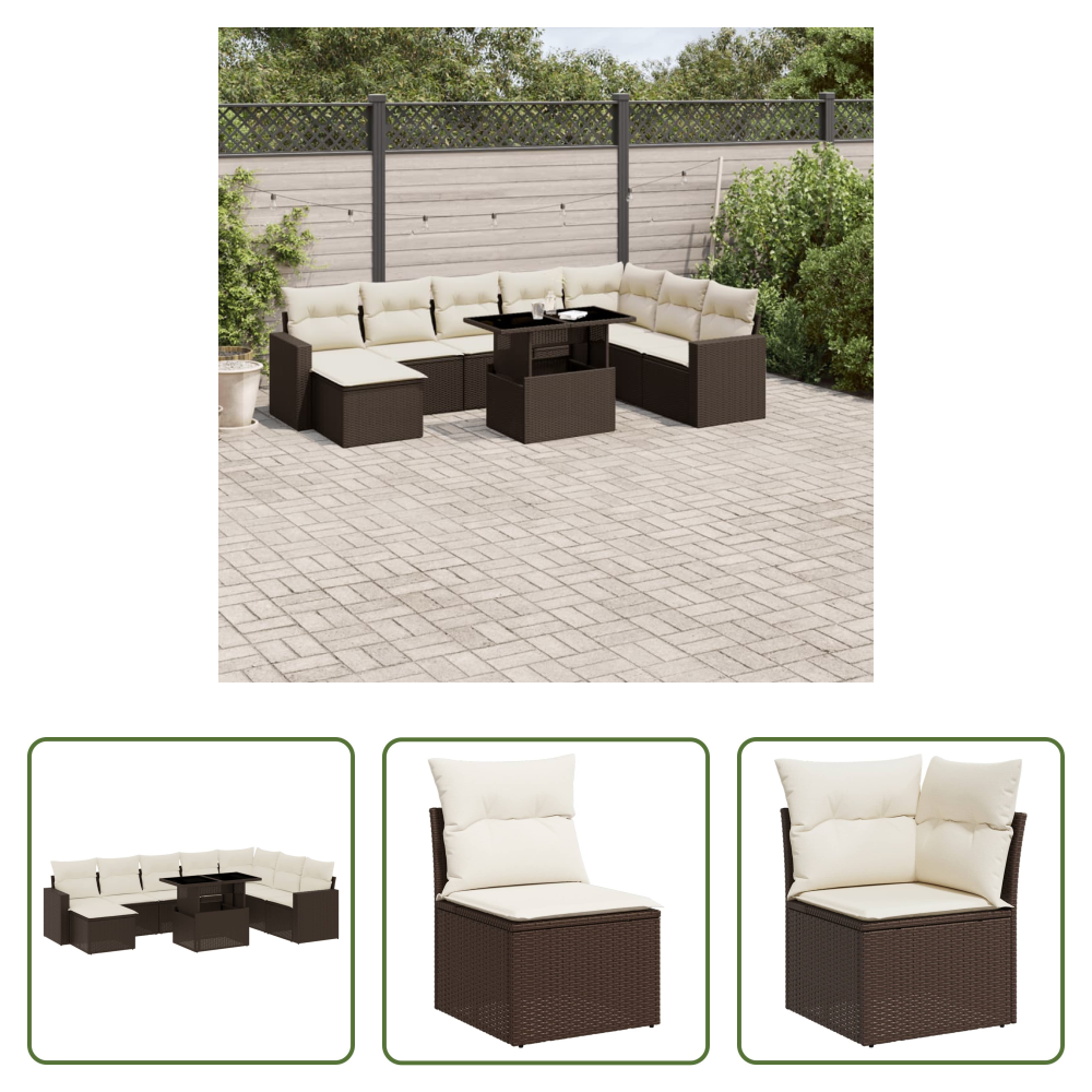 Vidaxl Poly Rattan - 9-tlg. Garten-sofagarnitur Mit Kissen Braun Poly Rattan