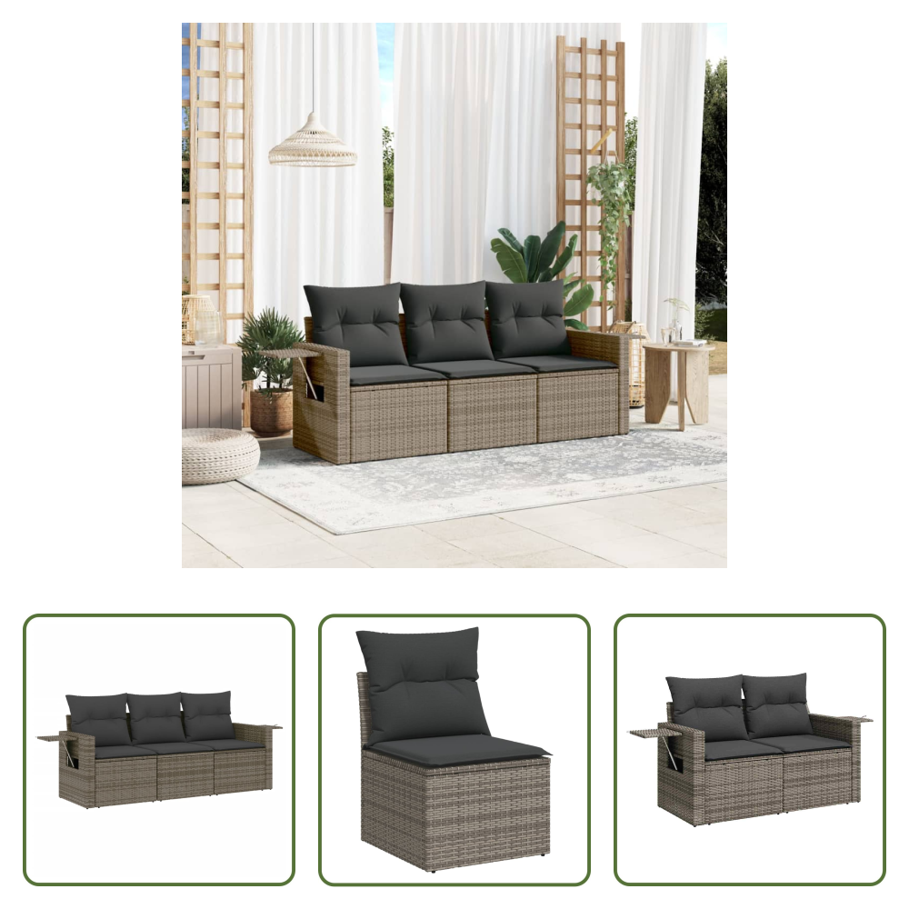 Vidaxl Rattanmöbel - 3-tlg. Garten-sofagarnitur Mit Kissen Grau Poly Rattan