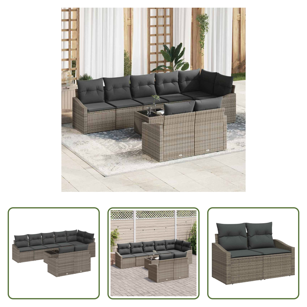 Vidaxl Freisitz - Sofa Set Mit Kissen 9 Pcs Grau Poly-rattan