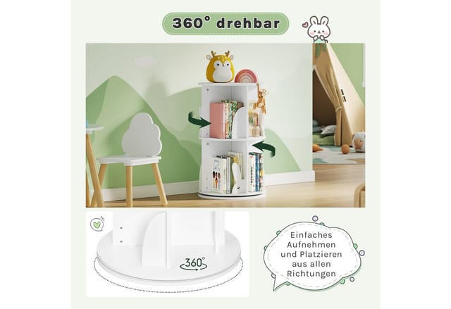 Kinderregal Mit 2 Ebenen, Bücherregal Kinder, Drehbares Kinderbücherregal, Spielzeugregal Spielzeugregal, Für Arbeitszimmer, Wohnzimmer, Schlafzimmer, 40x40x66 Cm, Weiß - Woltu