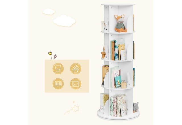 Kinderregal Mit 4 Ebenen, Bücherregal Kinder, Drehbares Kinderbücherregal, Spielzeugregal Spielzeugregal, Für Arbeitszimmer, Wohnzimmer, Schlafzimmer, 50x50x128 Cm, Weiß - Woltu