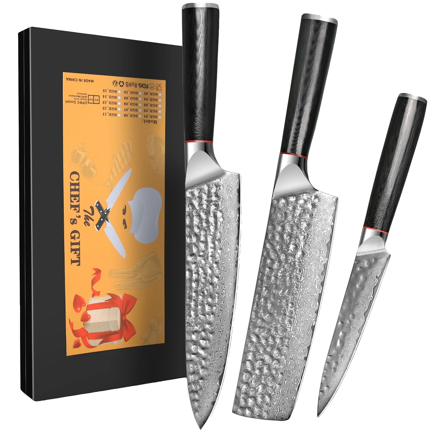 Küchenmesser Set, Damaststahl, Ergonomischer Griff, 3pcs