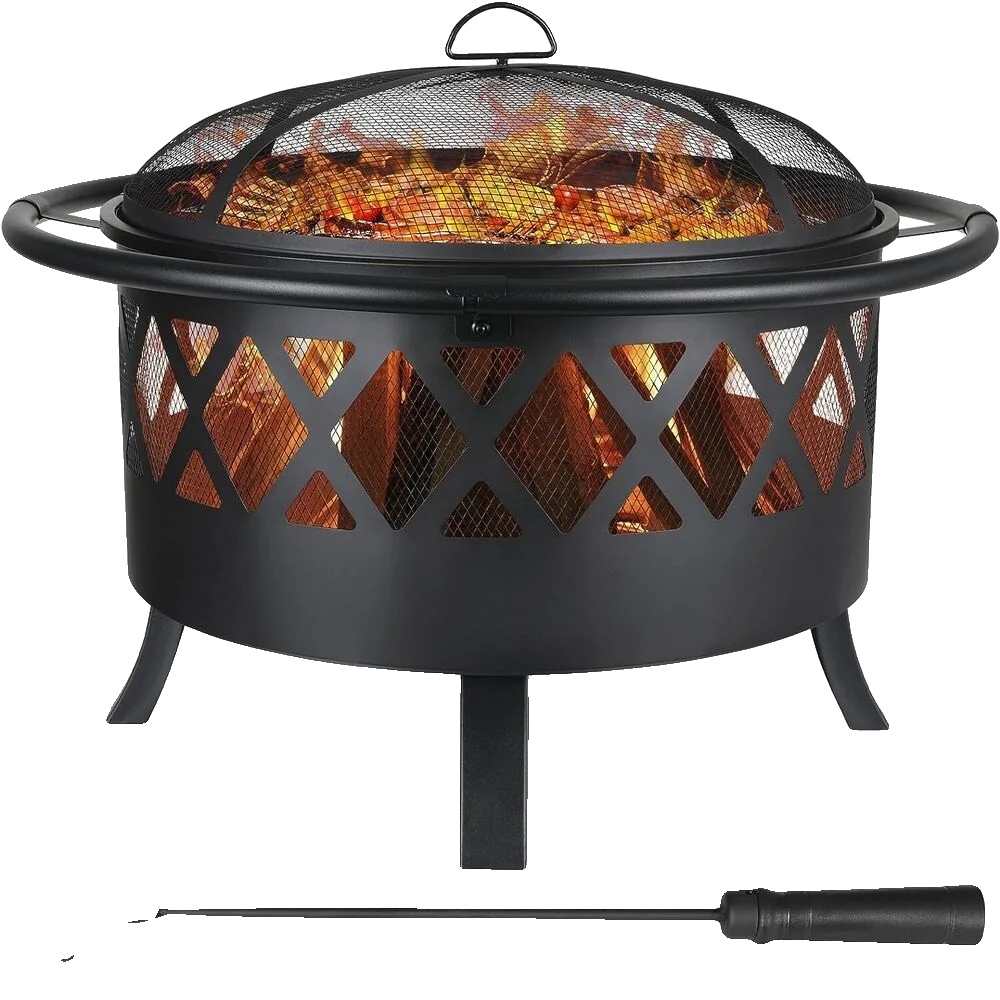 Feuerstelle, Ø81cm Größe, Eisenmaterial, Grillrost Ø58cm, Poker 49cm, Sichere Funkenabwehr