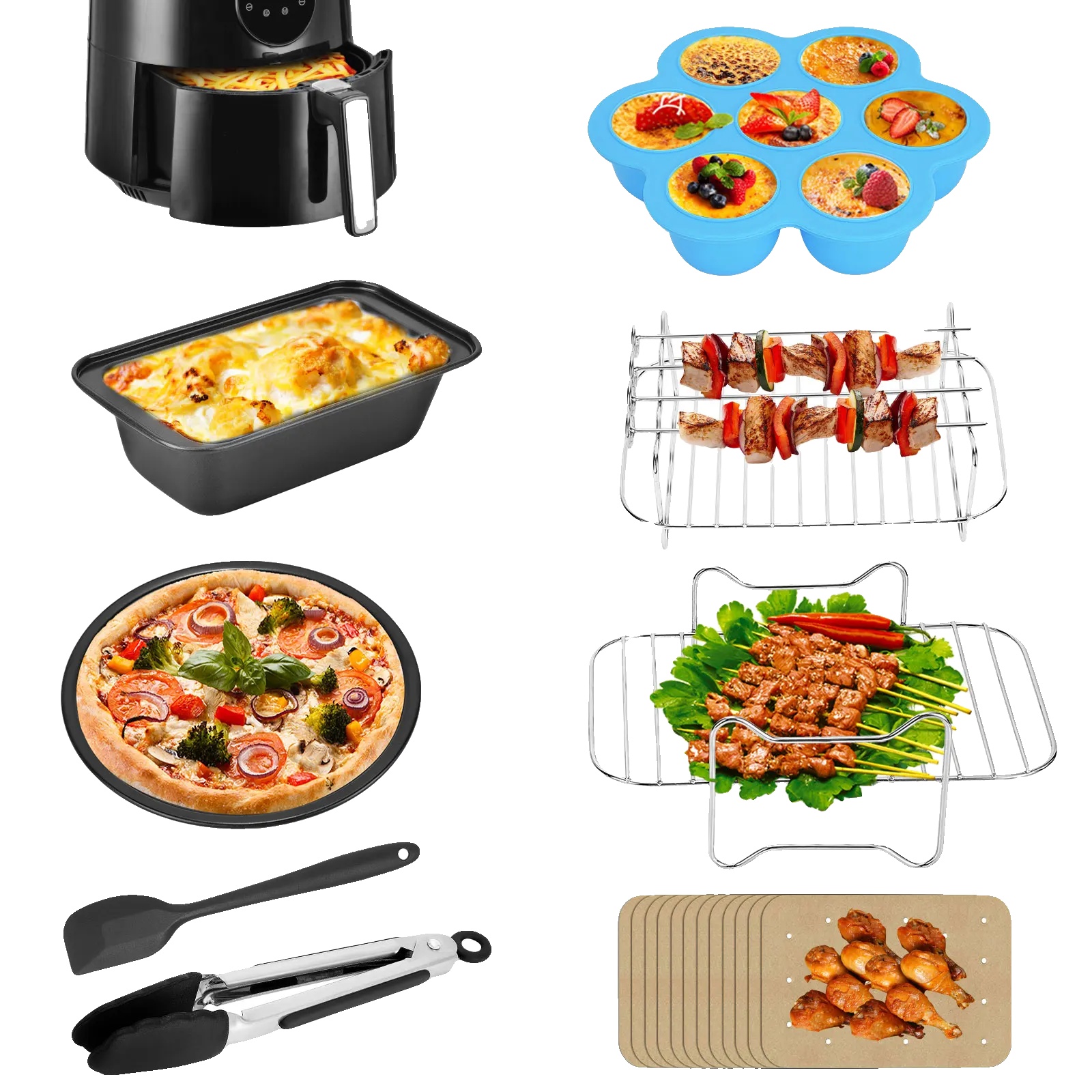 Heißluftfritteuse Zubehörset, Komplettes Kochset, Langlebiges Edelstahl, Schwarz