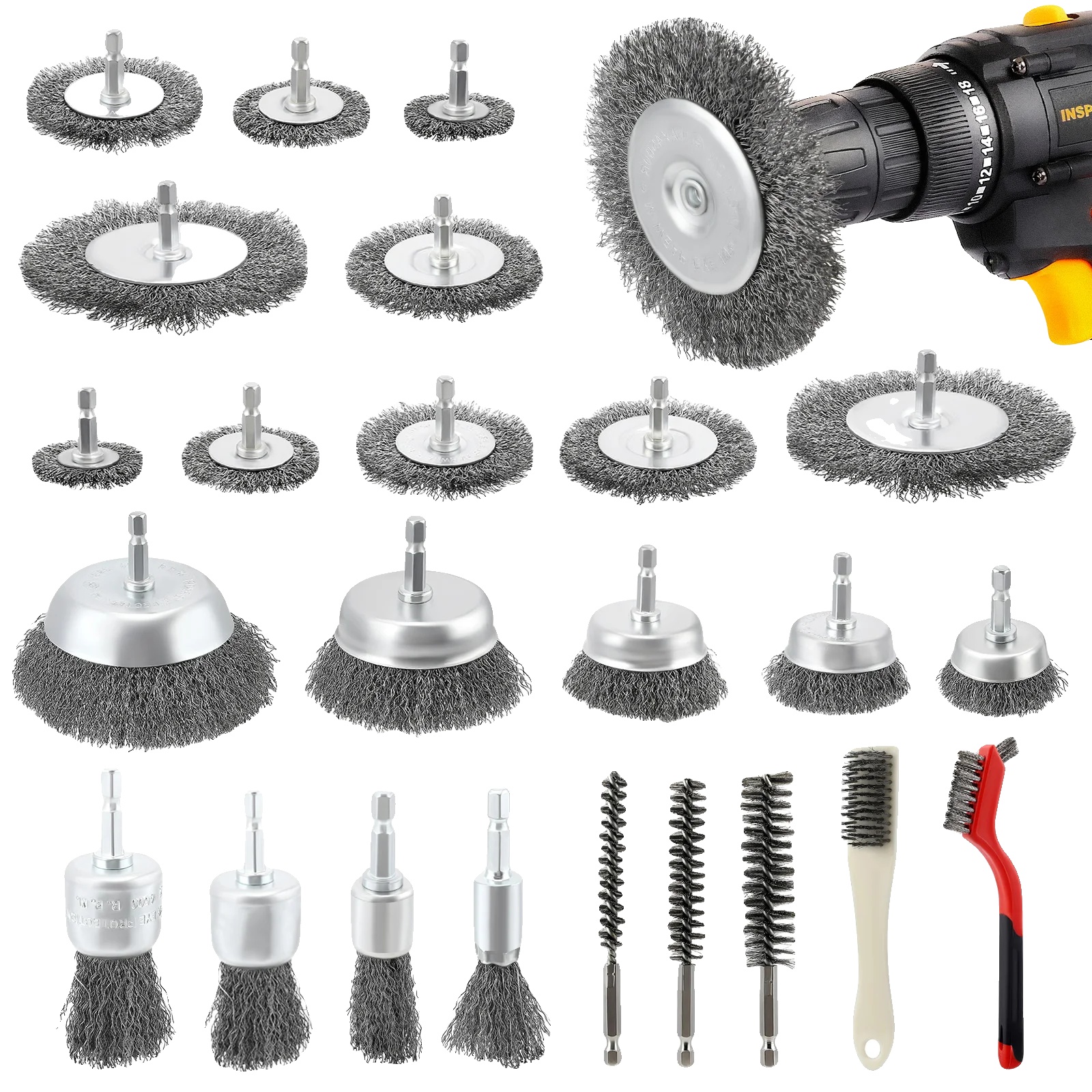 Drahtbürsten-set, Vielseitige Größen, Langlebiger Edelstahl, Silber