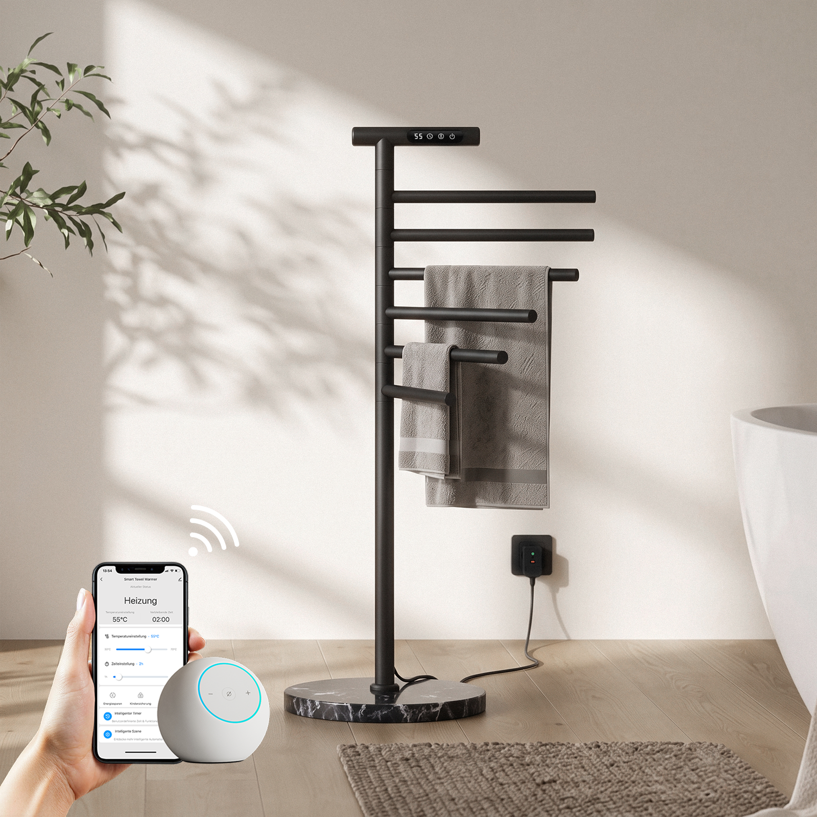 Emke Elektrischer Handtuchheizkörper 140 W, Freistehend Mit 6 Schwenkbaren Heizstäben, App-steuerung, Led-touchdisplay, 30–70 °c, Schwarz