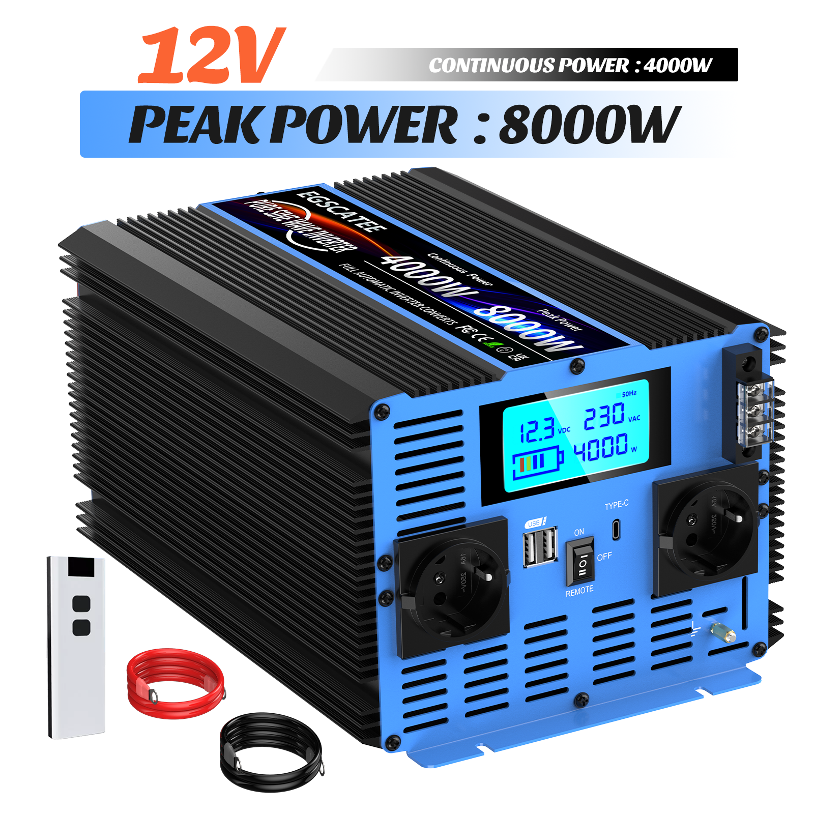 Rein-sinus Wechselrichter 12v Auf 230v, 4000w Dauerleistung / 8000w Spitzenleistung, Mit Lcd-display Und Fernbedienung, Spannungswandler Für Wohnmobile