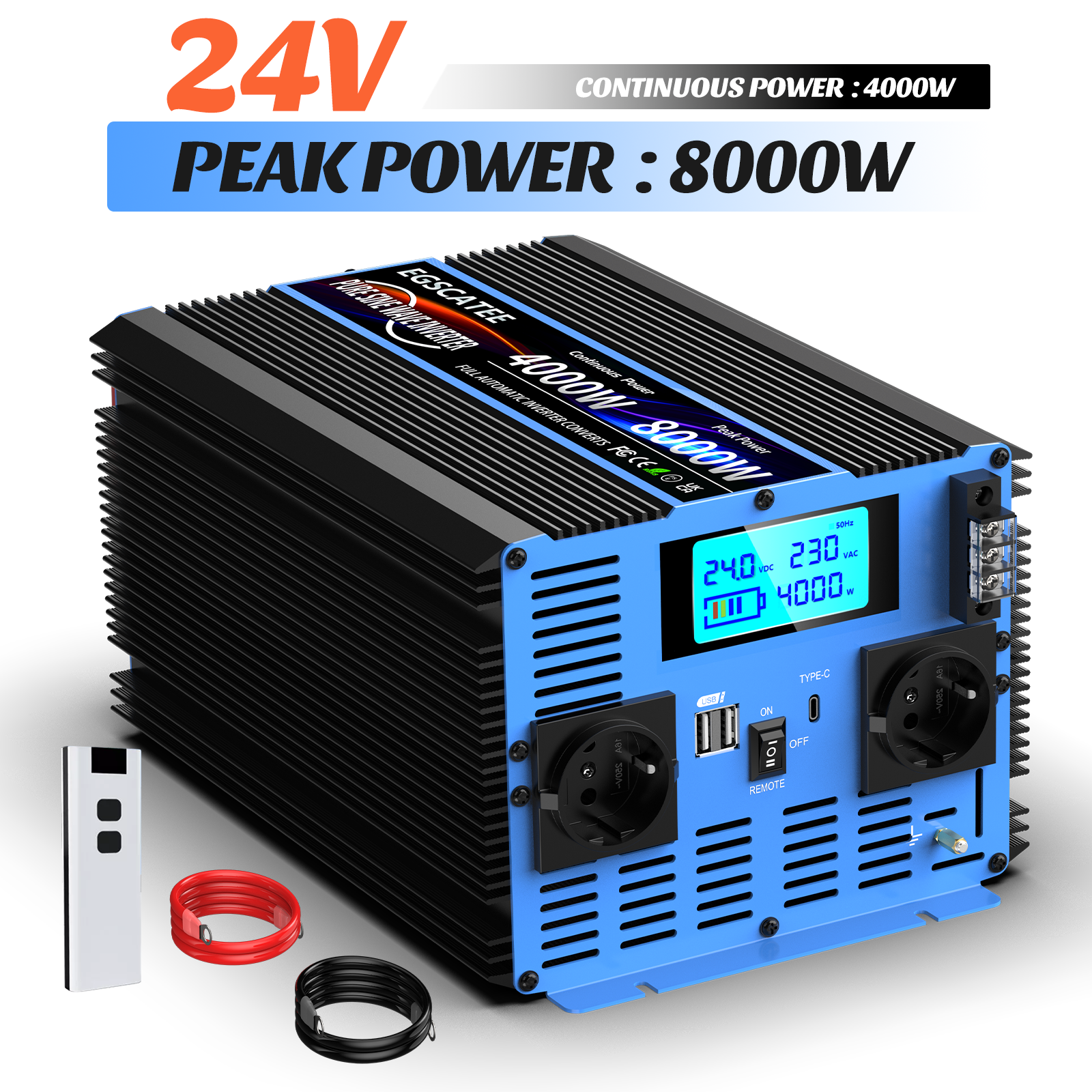 Rein-sinus Wechselrichter 24v Auf 230v, 4000w Dauerleistung / 8000w Spitzenleistung, Mit Lcd-display Und Fernbedienung, Spannungswandler Für Wohnmobile