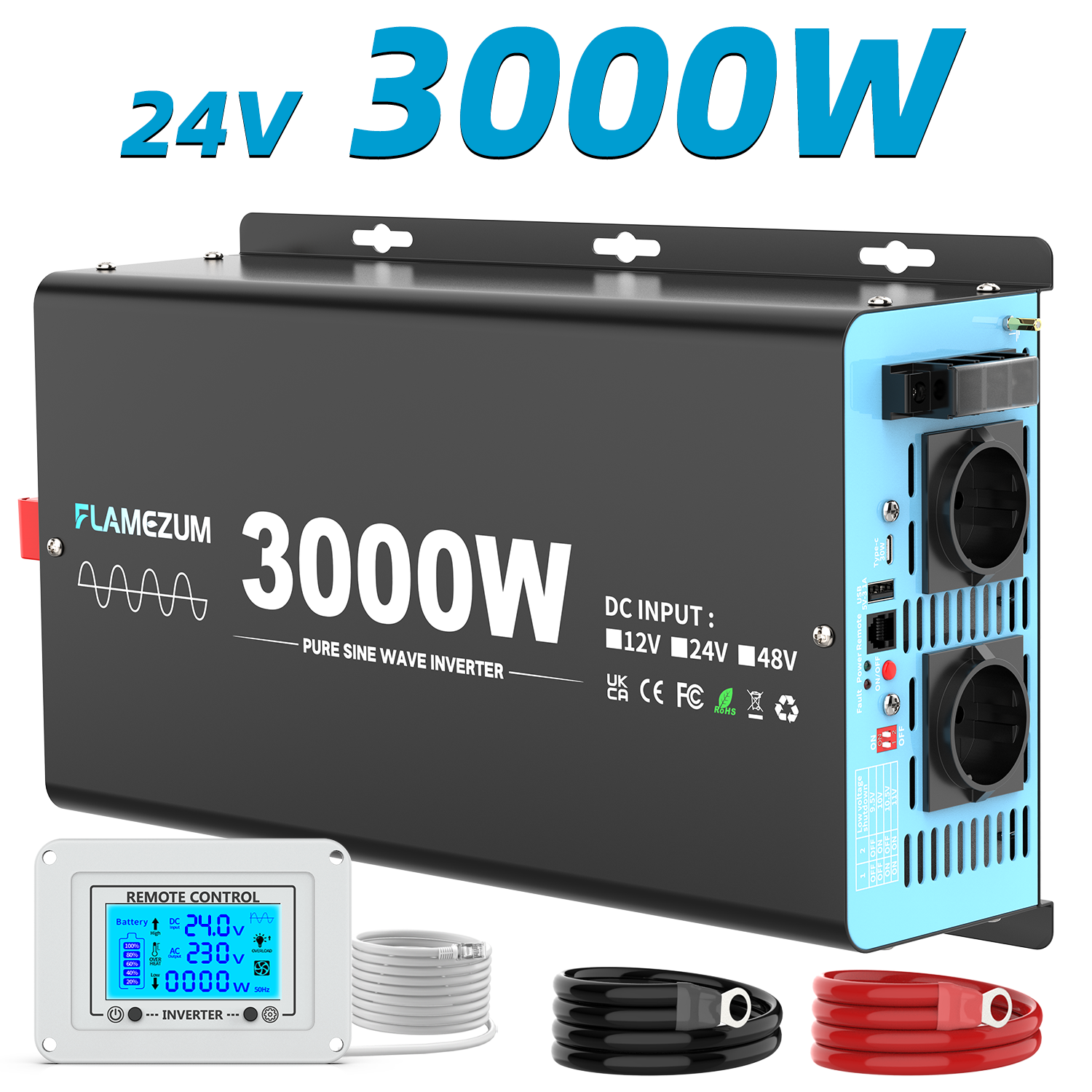 Rein-sinus Wechselrichter 24v Auf 230v, 3000w Dauerleistung / 6000w Spitzenleistung, Spannungswandler Für Wohnmobile, Boote, Fahrzeuge Und Netzunabhängige Solaranlagen