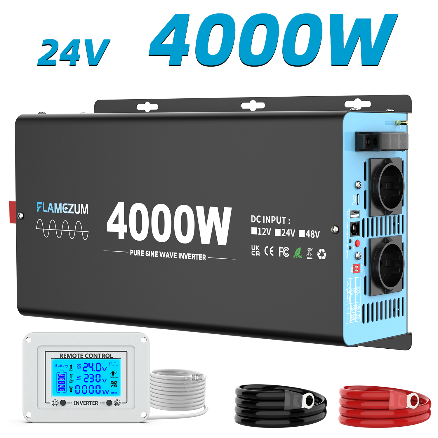 Rein-sinus Wechselrichter 24v Auf 230v, 4000w Dauerleistung / 8000w Spitzenleistung, Spannungswandler Für Wohnmobile, Boote, Solaranlagen Und Nutzfahrzeuge