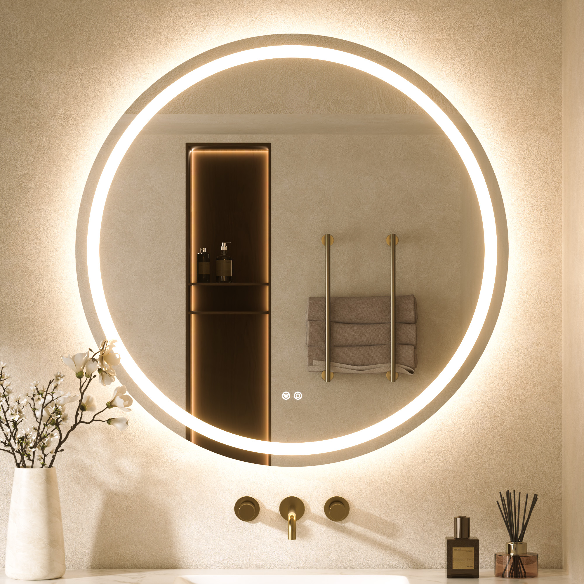 Keonjinn Led-badspiegel Rund 90cm Mit Front- Und Hintergrundbeleuchtung, 3 Lichtfarben Dimmbar, Badspiegel Mit Licht, Touch-schalter, Antibeschlag, Memory-funktion, Hd Gehärtetes Glas, Ip44,
