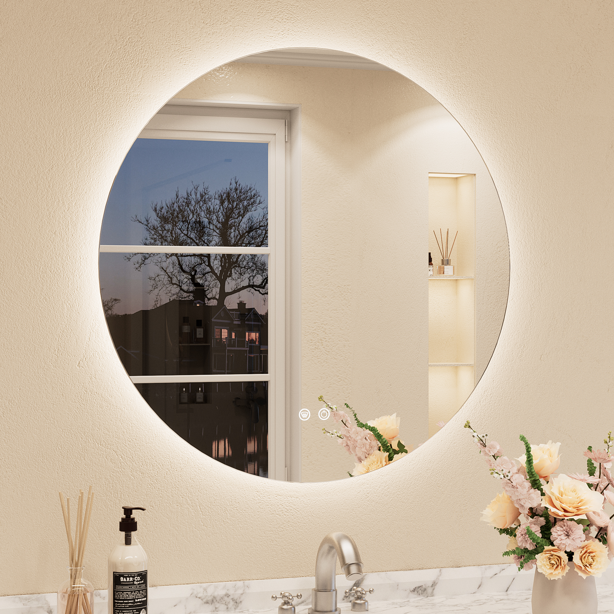 Keonjinn Badspiegel Rund Mit Beleuchtung 70cm, Led-badspiegel Mit Licht Kalt/neutral/warmweiß Dimmbar, Touch-schalter, Antibeschlag, Memory-funktion, Hd Gehärtetes Glas, Ip44