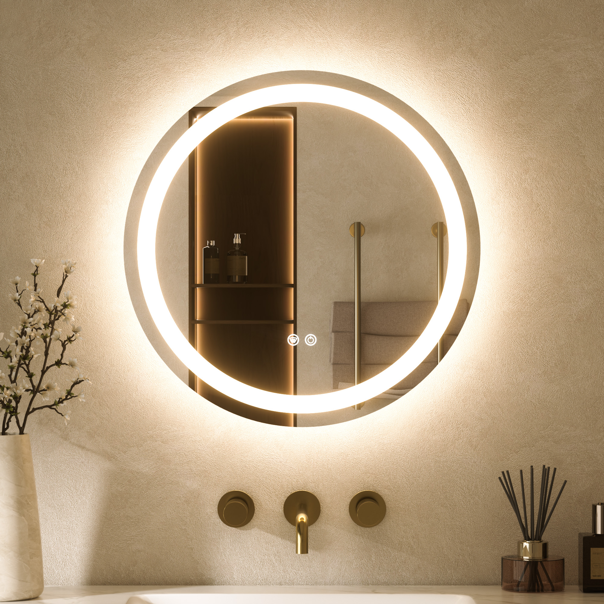 Keonjinn Led-badspiegel Rund 50cm Mit Front- Und Hintergrundbeleuchtung, 3 Lichtfarben Dimmbar, Badspiegel Mit Licht, Touch-schalter, Antibeschlag, Memory-funktion, Hd Gehärtetes Glas, Ip44,