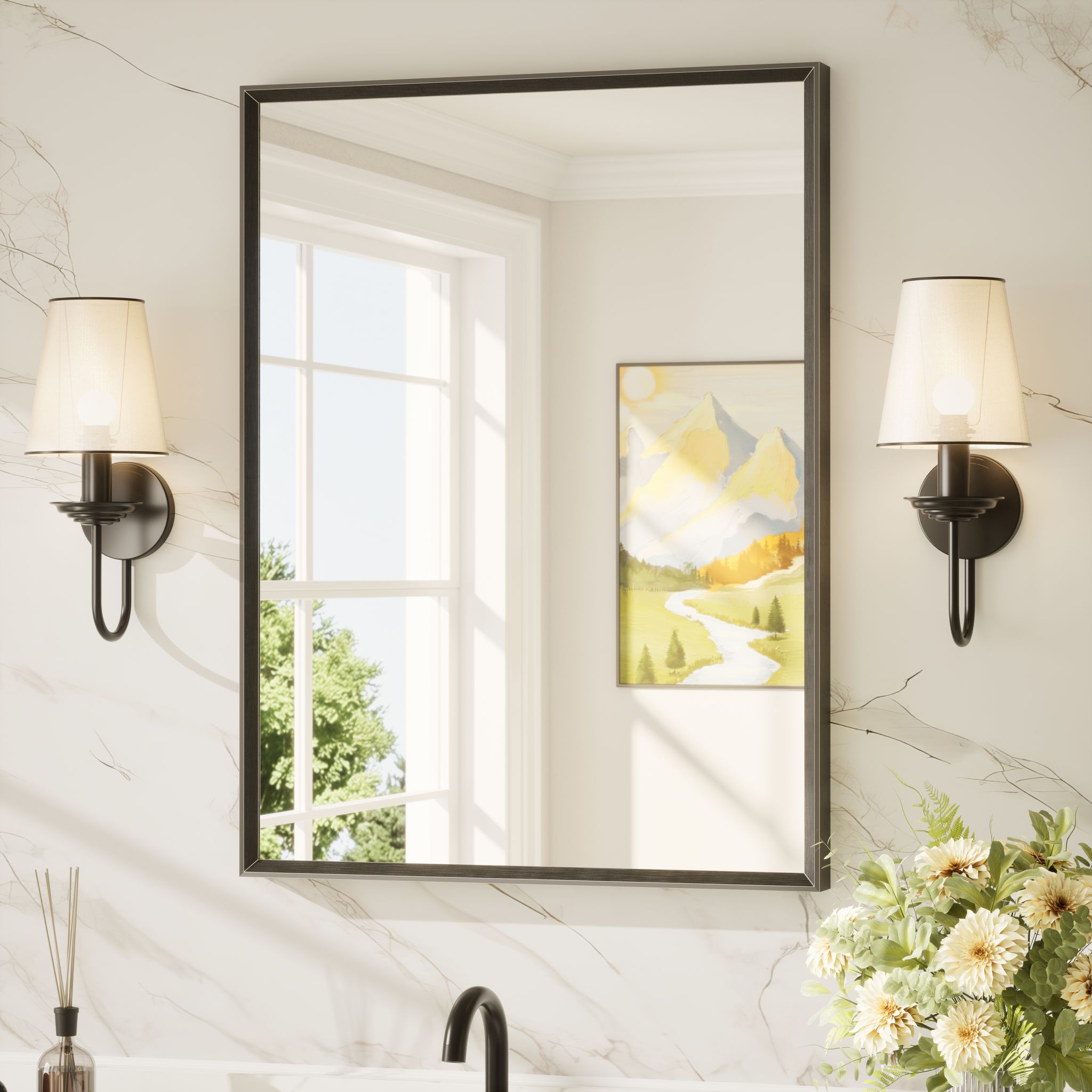 Keonjinn Wandspiegel Rechteckig Mit Schwarzem Rahmen 60x80cm, Alurahmen, Hd-gehärtetes Glas, Mit Runden Ecken, Moderner Stil, Hd-reflexion, Für Badezimmer&flur