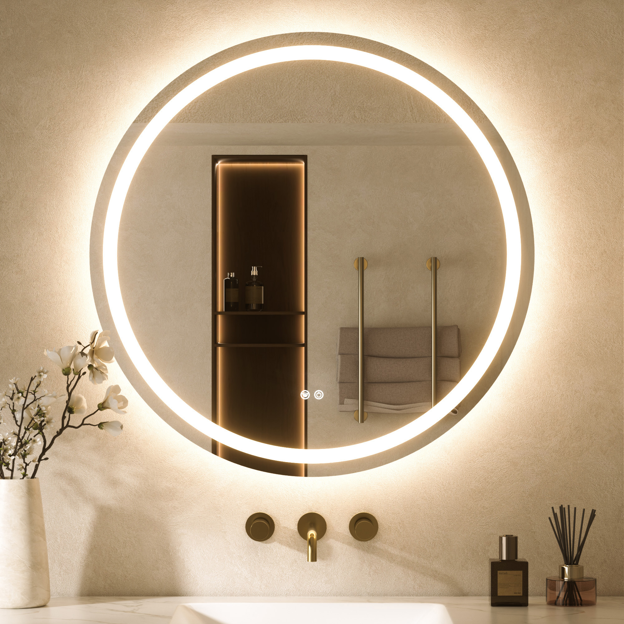 Keonjinn Led-badspiegel Rund 80cm Mit Front- Und Hintergrundbeleuchtung, 3 Lichtfarben Dimmbar, Badspiegel Mit Licht, Touch-schalter, Antibeschlag, Memory-funktion, Hd Gehärtetes Glas, Ip44,