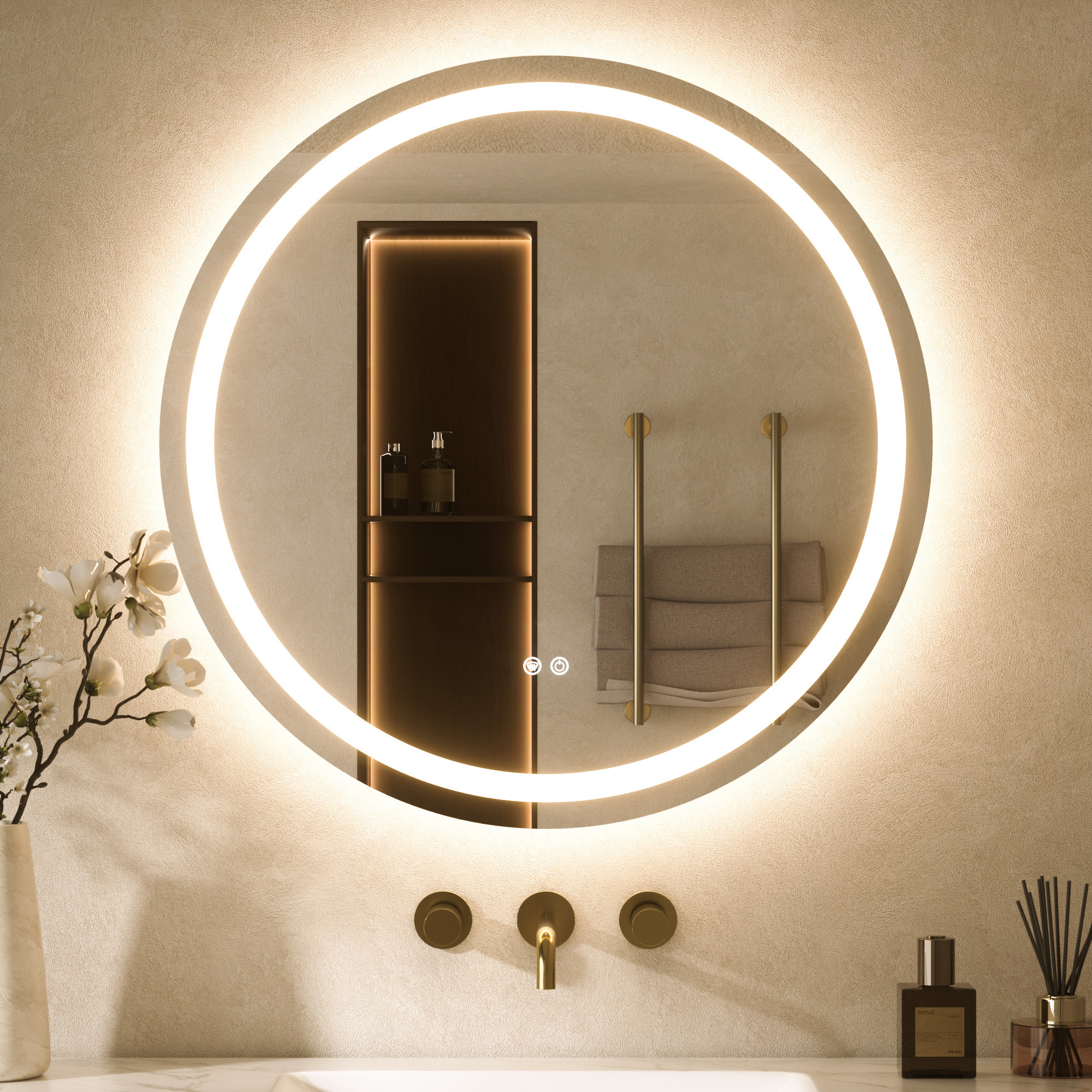 Keonjinn Led-badspiegel Rund 70cm Mit Front- Und Hintergrundbeleuchtung, 3 Lichtfarben Dimmbar, Badspiegel Mit Licht, Touch-schalter, Antibeschlag, Memory-funktion, Hd Gehärtetes Glas, Ip44,