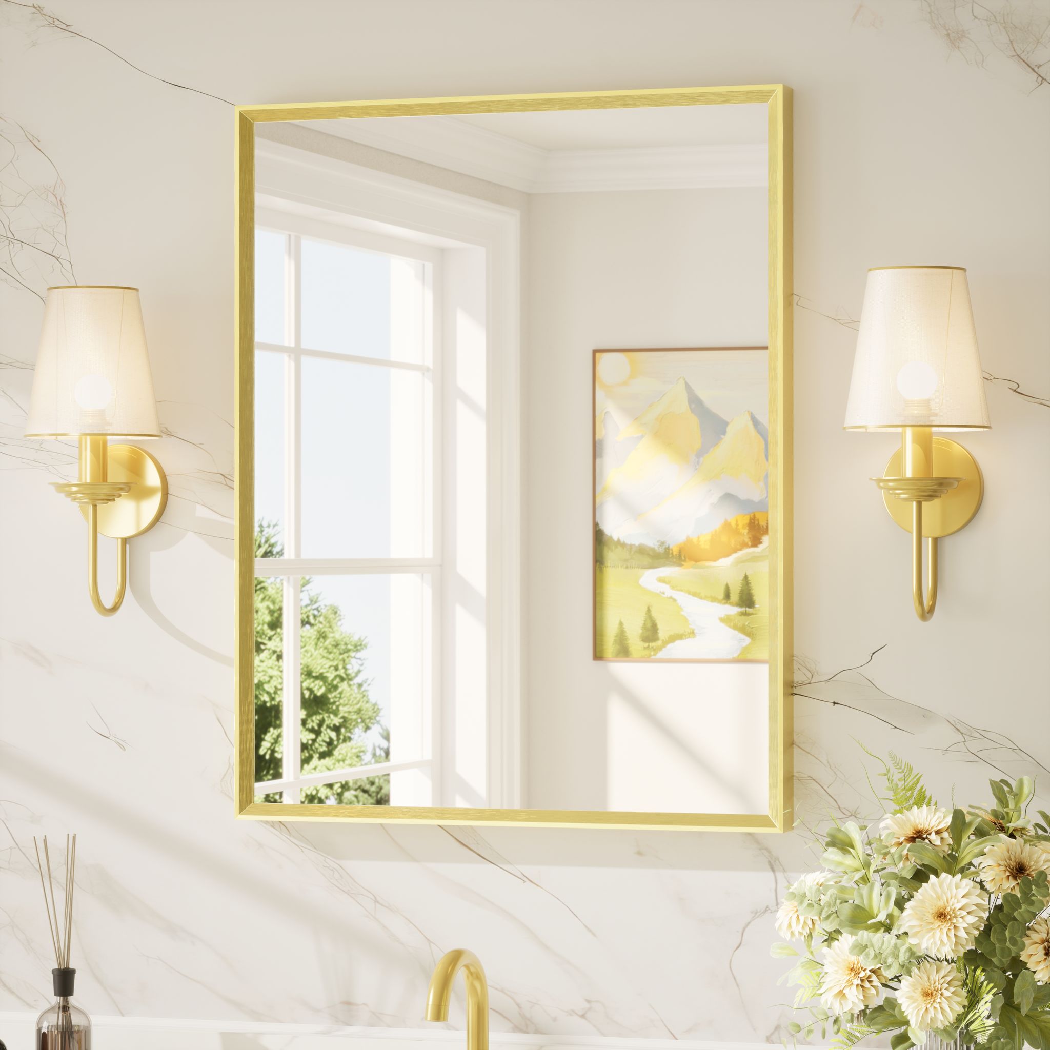 Keonjinn Wandspiegel Rechteckig Gold 60x76cm, Alurahmen, Hd-gehärtetes Glas, Mit Runden Ecken, Moderner Stil, Hd-reflexion, Für Badezimmer&flur