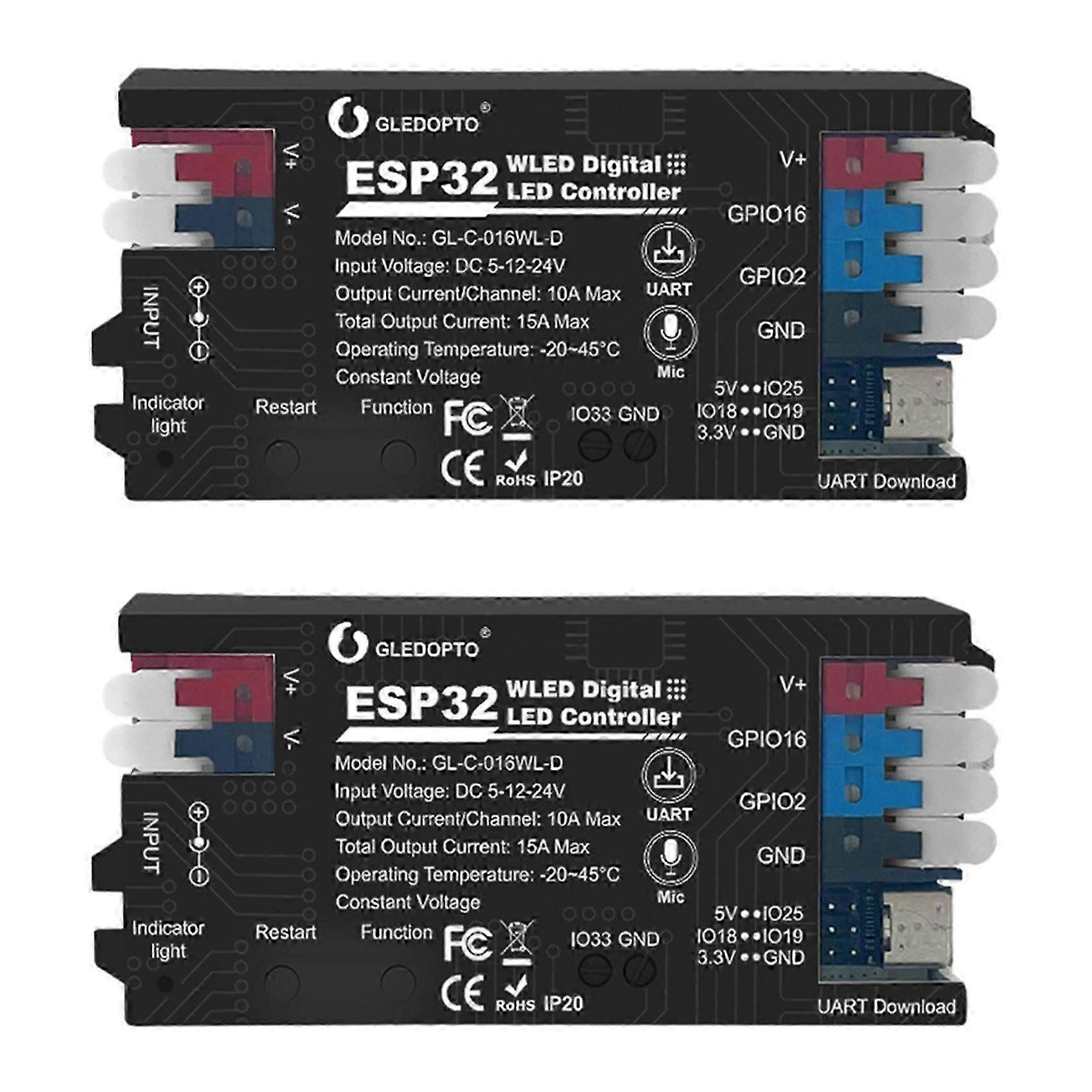 2x Gledopto Esp32 Wled Led-controller Mit Mikrofon, Musiksynchronisation, Unterstützt Ws2811/ws2812/ws2813/ws2815 Led-streifen, Schwarz-jxlgv
