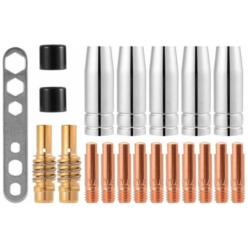 Embouts De Contact Et Buses De Soudage Mig/mag 15ak M6 Lot De 20 Pièces (10 Contacts, 5 Buses, 2 Connecteurs, 2 Isolants, 1 Outil) Ø 0,8 × 25 Mm