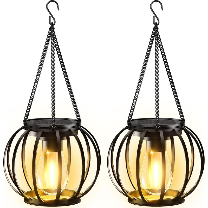 2-piece Metal Solar Lantern Outdoor With Led Bulb, Ip65 Waterproof Outdoor Garden Decoration With Hooks And Chains For Terrace, Lawn, Balcony, Yard [energy Class A+++]