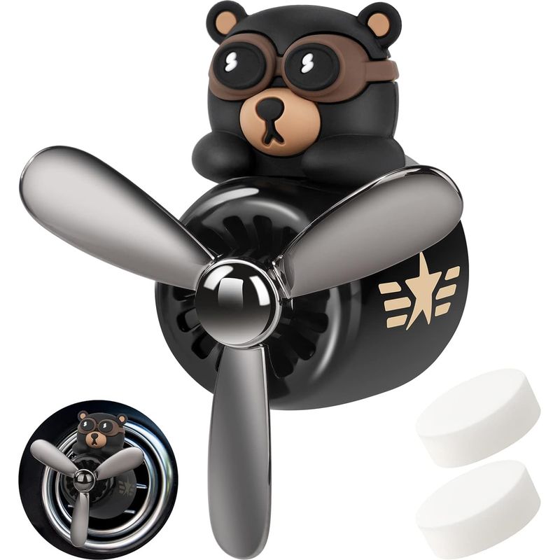 Désodorisant En Forme De Cartoon Bear Pilote Air Ventilateur, En Acrylonitrile Butadiène Styrène (abs), Accessoires De Voiture D'Ornement Ferrinisseur D'Air Automobile, Noir