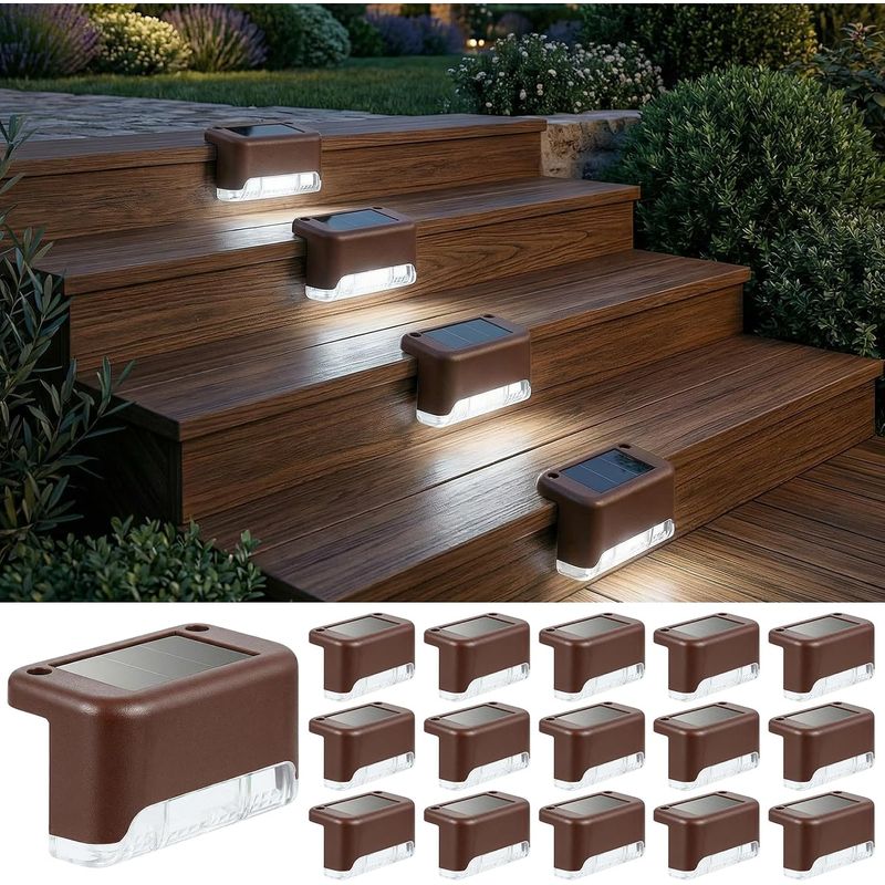 Qoosea Lampe Solaire Exterieur Escalier, Lot De 16 Lumière D'Escalier Solaire, Imperméables Eclairage Led Lumiere Solaires Exterieur Lampes Décorations Pour Clôture Jardin Chemins Patios(blanc Froid)