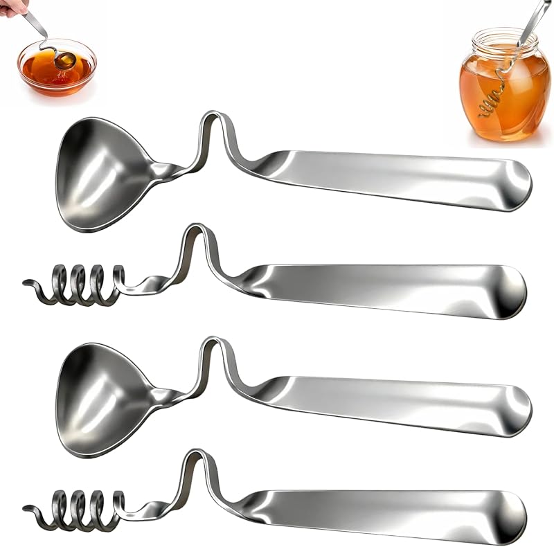 Set Mit 4 Honiglöffeln Aus Edelstahl, Spiralförmig Für Honig- Und Marmeladengläser, Tropffrei, Multifunktional Für Joghurt Und Marmelade.