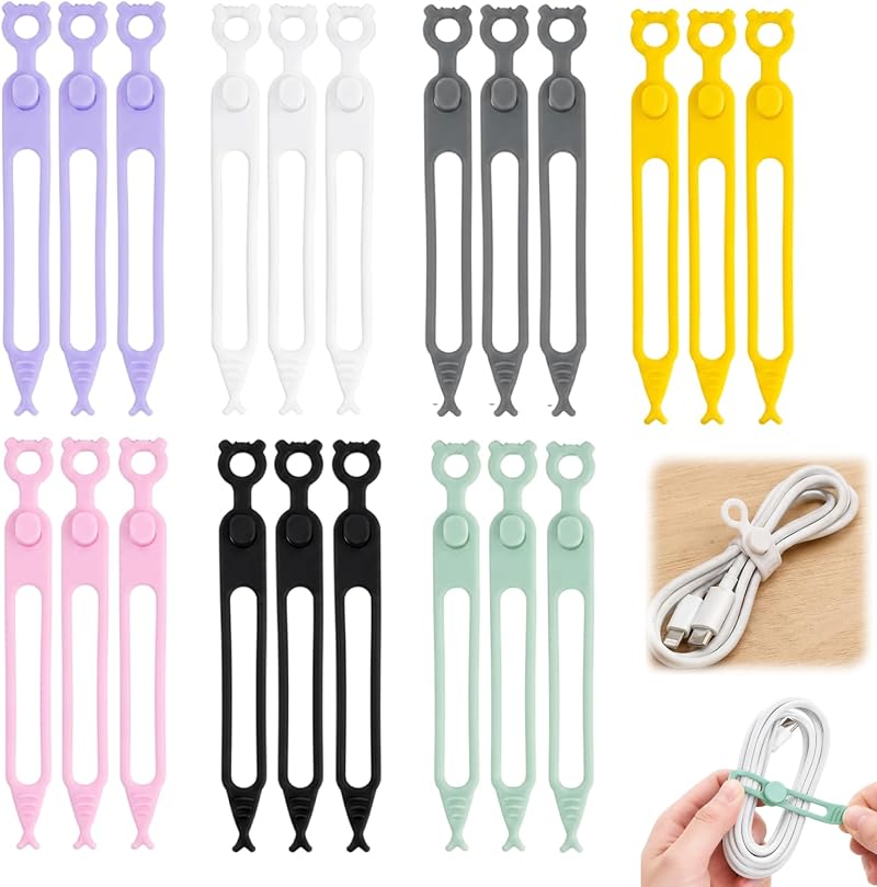 Set Mit 21 Wiederverwendbaren Silikon-kabelbindern, Farbenfroher Silikon-kabelorganizer, Neuer Datenkabelorganizer