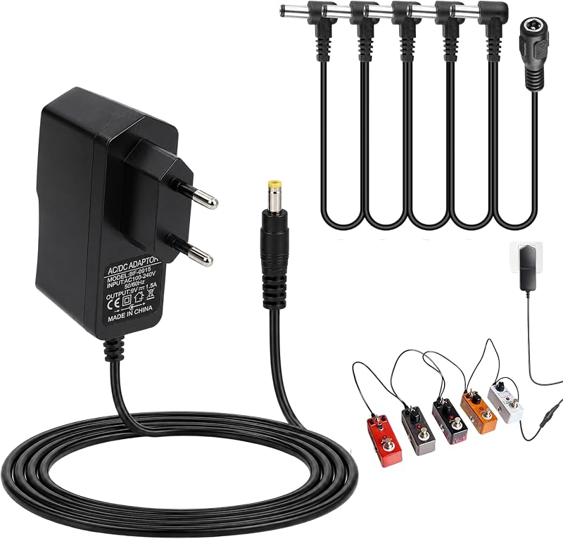 9v 1,5a Netzteil Für Gitarrenpedale Mit 5-fach Daisy-chain-kabel - 100-240v Dc Netzteil, 3,5mm Klinkenstecker (mitte Pluspol), Kompatibel Mit Boss, Zoom, Behringer Und Digitech E-gitarreneffekten.