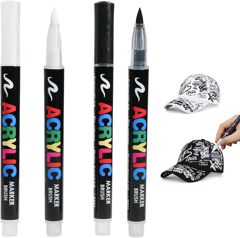 Set Mit 4 Permanenten Textilmarkern (2 Schwarze Und 2 Weiße) – Maschinenwaschbar – Wasserfeste Acrylfarbe – Ideal Für T-shirts, Stoffbeutel, Schwämme, Handtaschen Und Diy-projekte