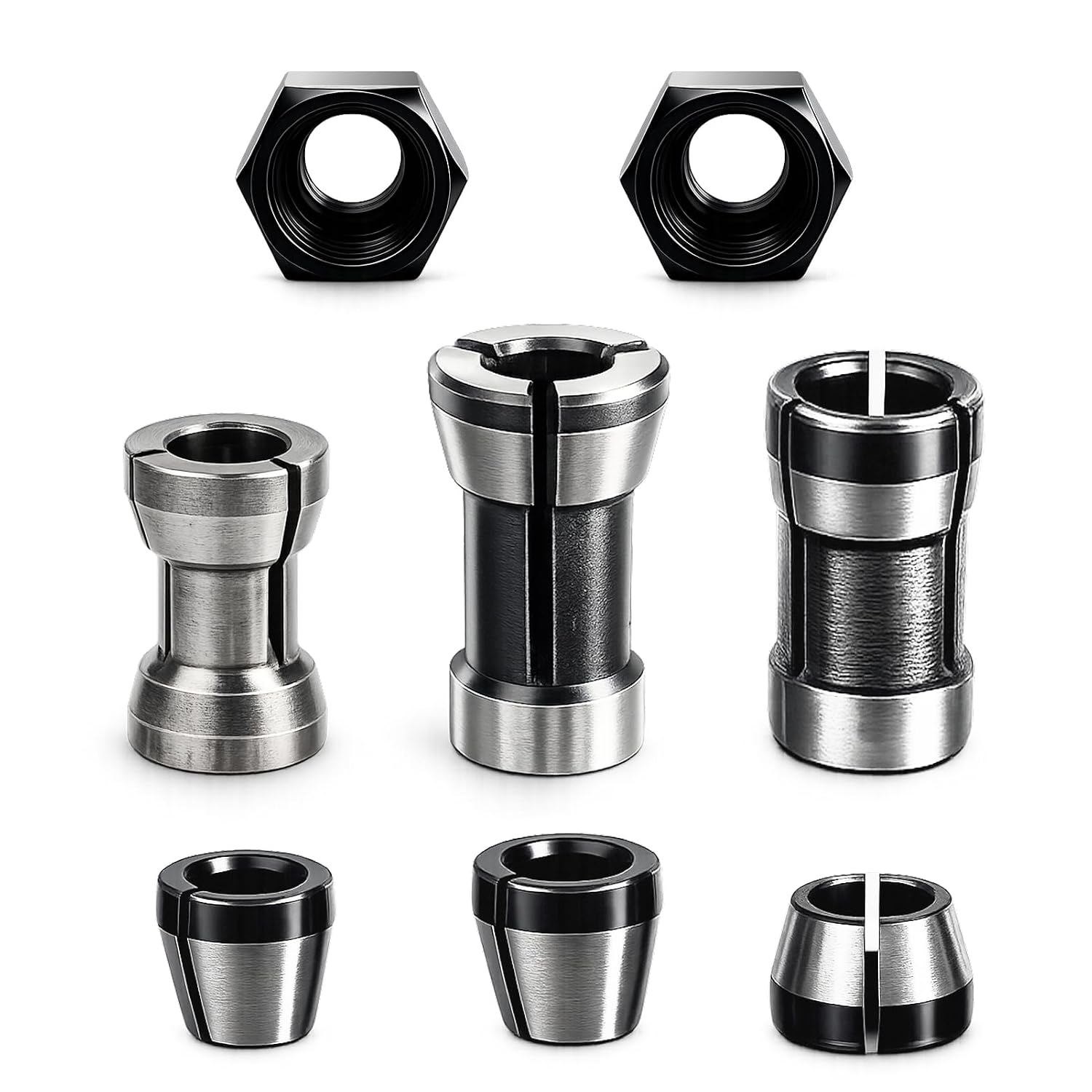Set Mit 8 Fräsfuttern Aus Kohlenstoffstahl (0,236/0,25/8 Mm), Inklusive Spannzangenhalter Mit 2 Muttern Und Fräsadaptern. Auch Für Gravur- Und Holzbearbeitungsarbeiten Geeignet.