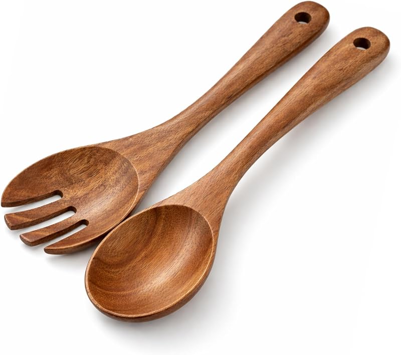 Salatbesteck Aus Holz – 26 Cm Langer Salatlöffel Und -gabel, Ergonomisches Holzbesteck Mit Aufhängeloch, Wiederverwendbare Küchenutensilien Für Salate Und Pasta