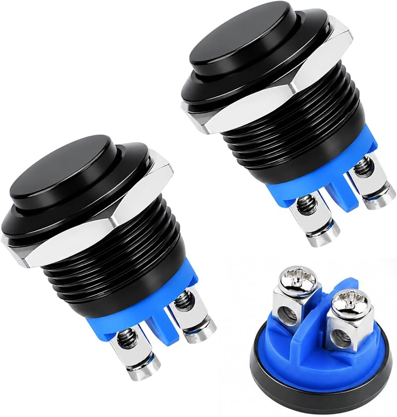 2er-pack Momenttaster, 12 V, Wasserdicht, 16 Mm, Schwarzes Metall, 1 A, 220 V, Schutzart Ip20, Rostfrei, Lötfreie Schraubmontage, Für Auto, Motorrad, Boot, Heimwerkerprojekte Und Elektronik